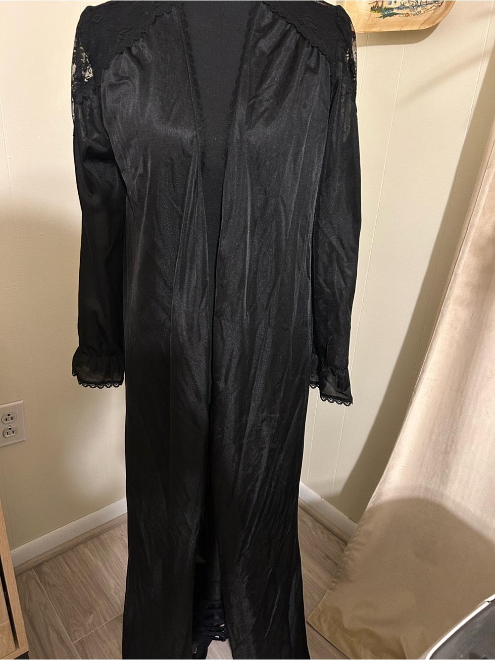Long Black Lace-Trim Satin Robe for Women